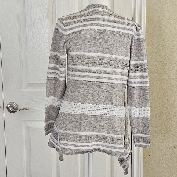 Peyton Primrose Taupe White Striped Open Front Asymmetric Hem Cardigan Sz M - Picture 7 of 12
